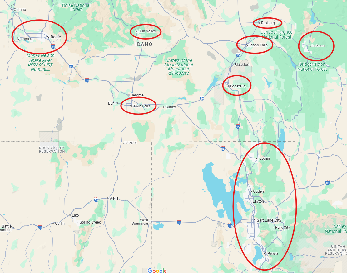Mountain Porch Pumpkins Service Area Map showing delivery zones in Utah, Idaho and Wyoming including Salt Lake City, Boise, and Jackson Hole